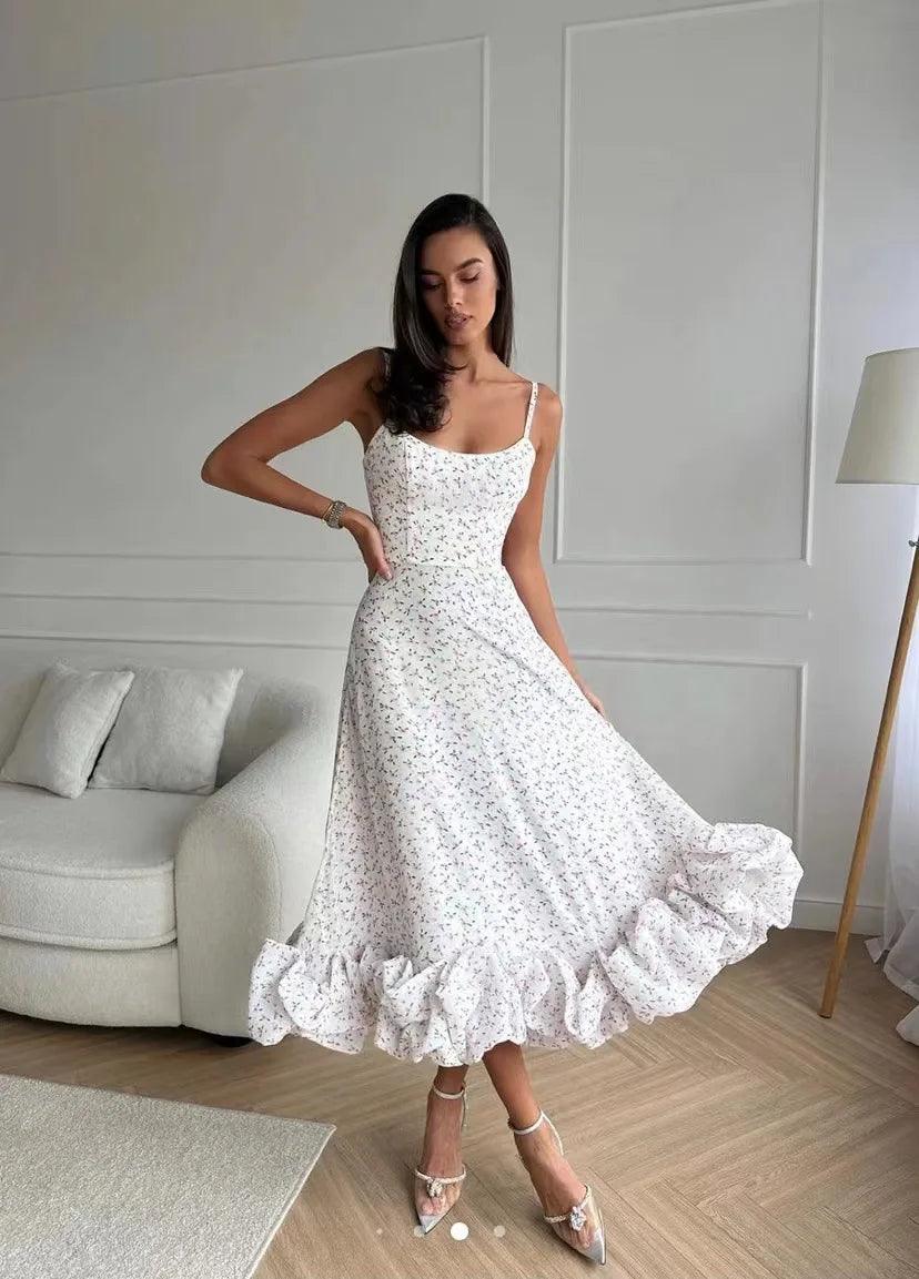 Elegant Ruffle Solid Sling Long Dress Women Strap Waist Party Dressed Fashion Sleeveless Backless Beach Swing skirt A-line Dresses - Lizard Vigilante