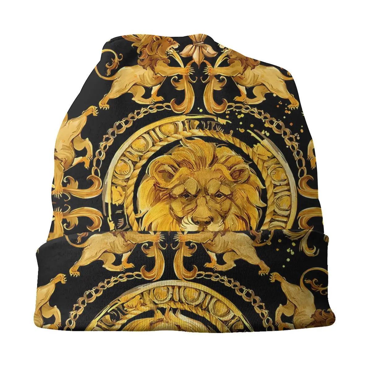 Golden Lion & Damask Skullies Beanie – Luxury Fashion Hat with Earmuffs for Men & Women, Windproof & Stylish - Premium beanie from Lizard Vigilante - Just $19.88! Shop now at Lizard Vigilante