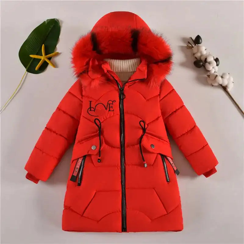 4 Color Big Size Winter Keep Warm Long Style Girls Jacket Teenage Thick Heavy Cold-proof Hooded Windbreaker Coat For Kids