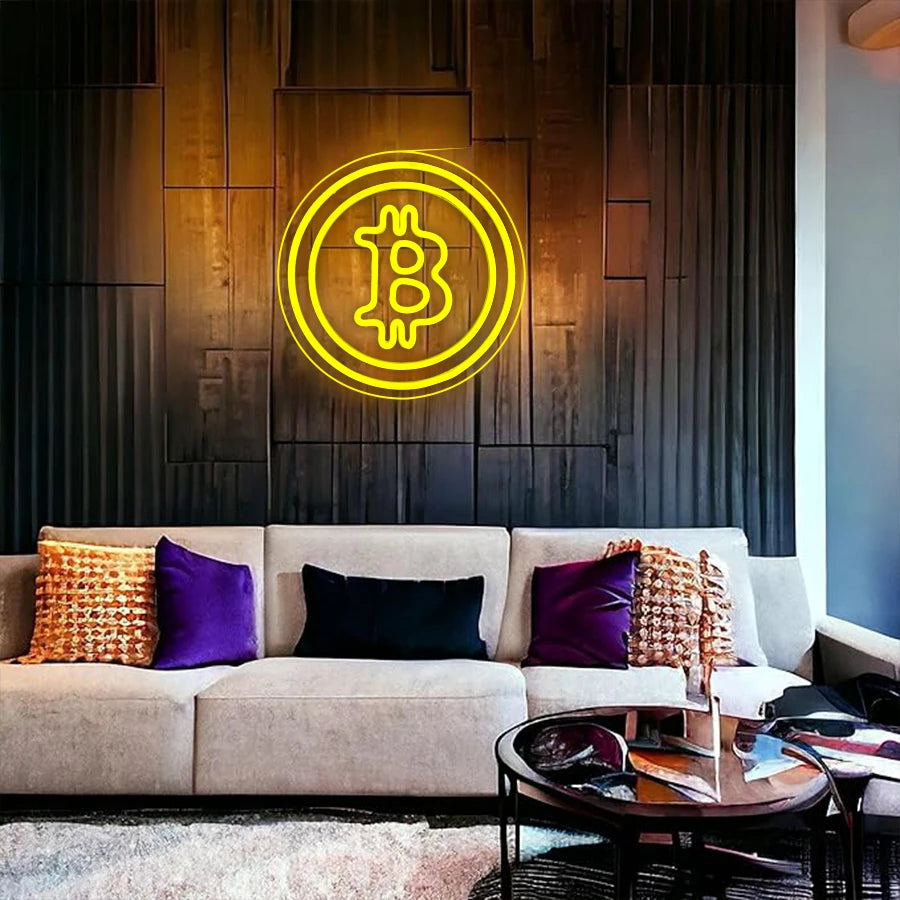 Bitcoin Neon Sign Yellow LED Handmade USB Powered Wall Decor For Bedroom Bar Shop Game Room