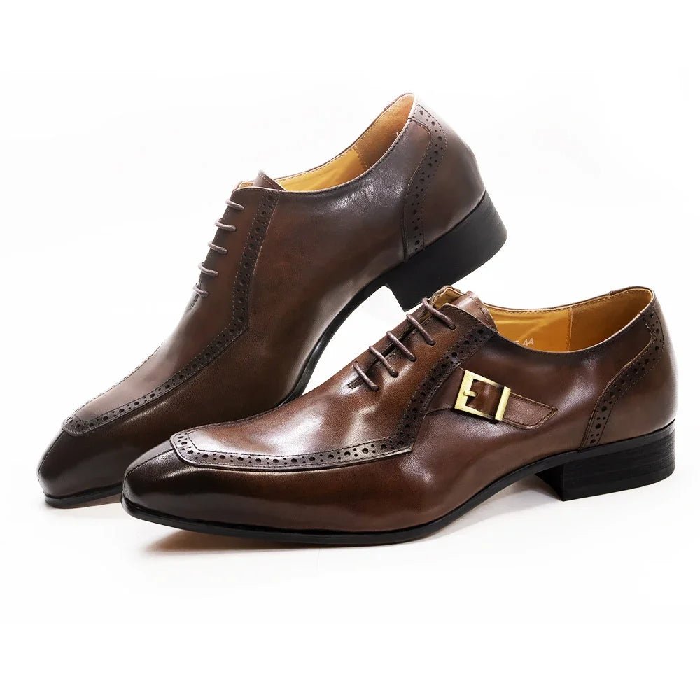 Men's Luxury Leather Oxford Dress Shoes – Brown/Black Formal Lace-Up with Buckle for Office, Business, and Wedding Vibes - Premium shoes from dsers - Just $155.99! Shop now at Lizard Vigilante