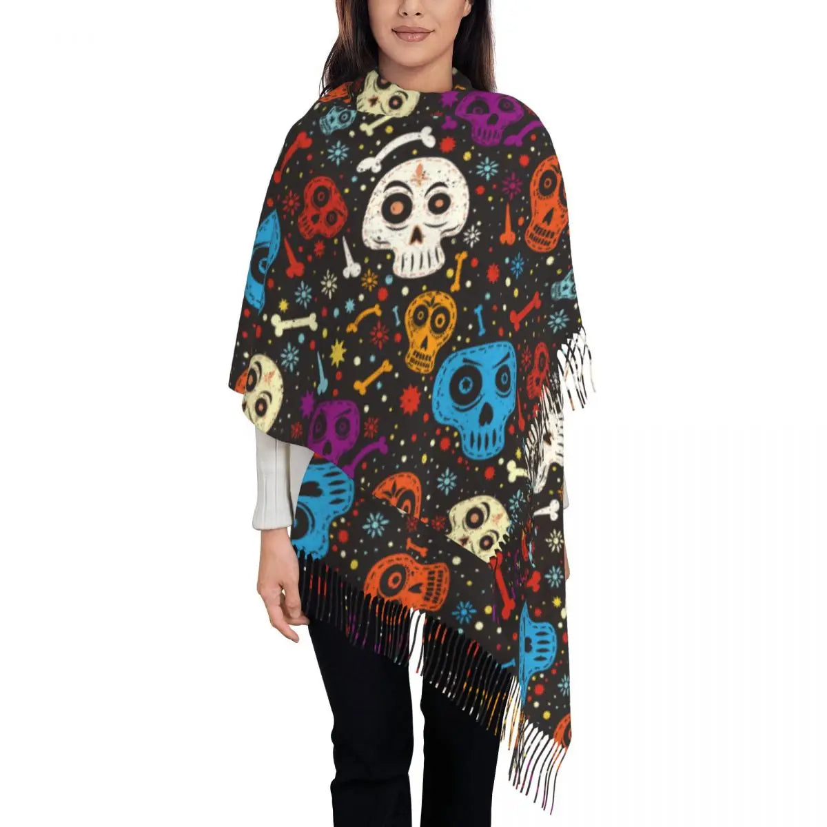 Day of the Dead Sugar Skull Colorful Flower Scarf – Warm Pashmina Shawl, Wrap for Women - Premium scarf from Lizard Vigilante - Just $23.66! Shop now at Lizard Vigilante