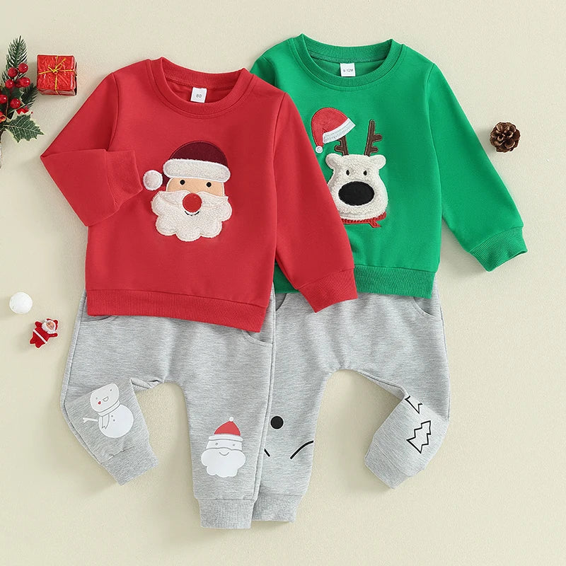 Toddler Boys Christmas Outfit – Santa/Elk Fuzzy Embroidery Long Sleeve Sweatshirt & Pants Set - Premium  from Lizard Vigilante - Just $24.88! Shop now at Lizard Vigilante