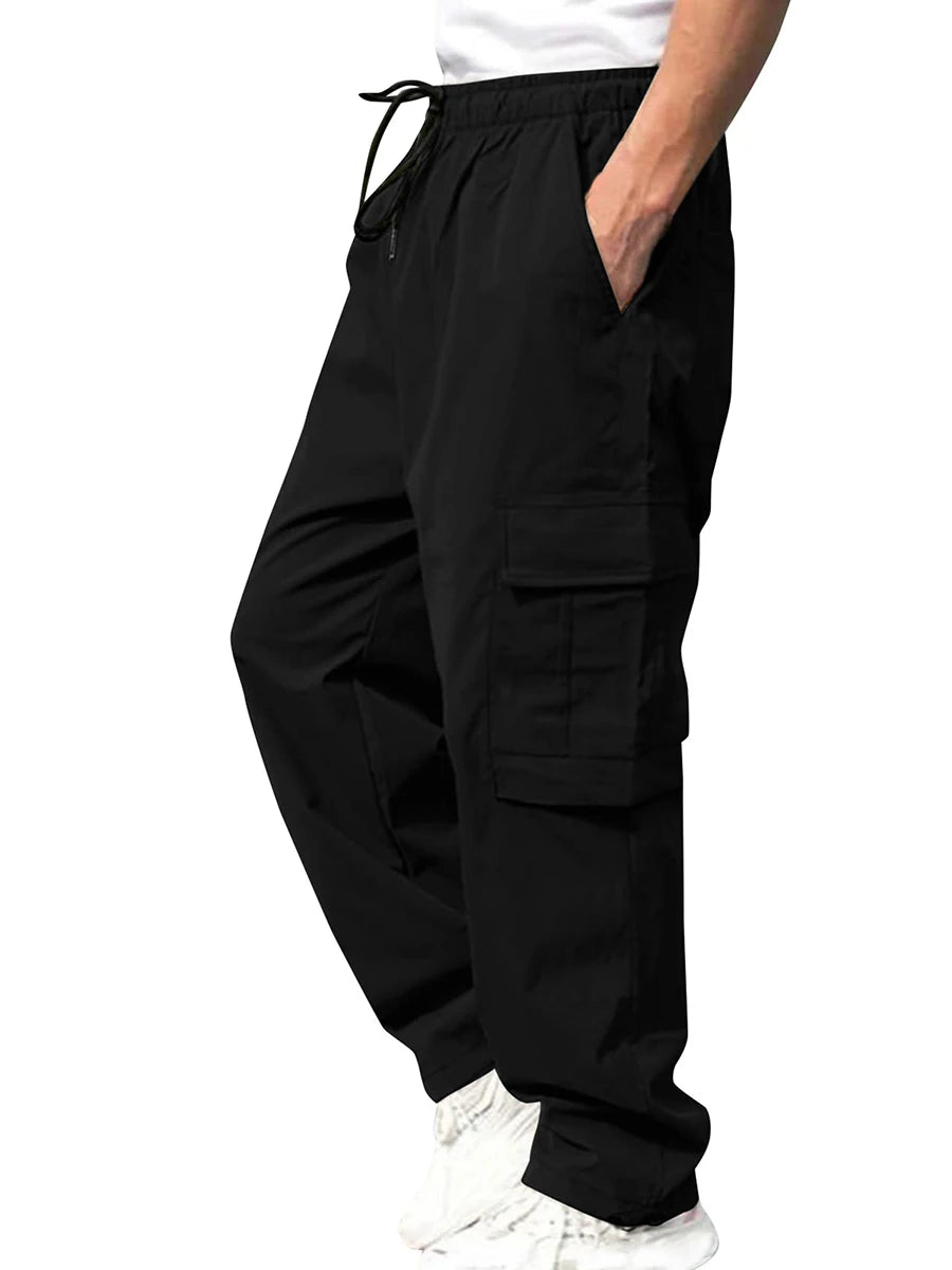 Men’s Loose Cargo Pants – Solid Color Drawstring Waist, Straight Leg Casual Work Trousers with Pockets - Premium cargo pants from Lizard Vigilante - Just $27.99! Shop now at Lizard Vigilante