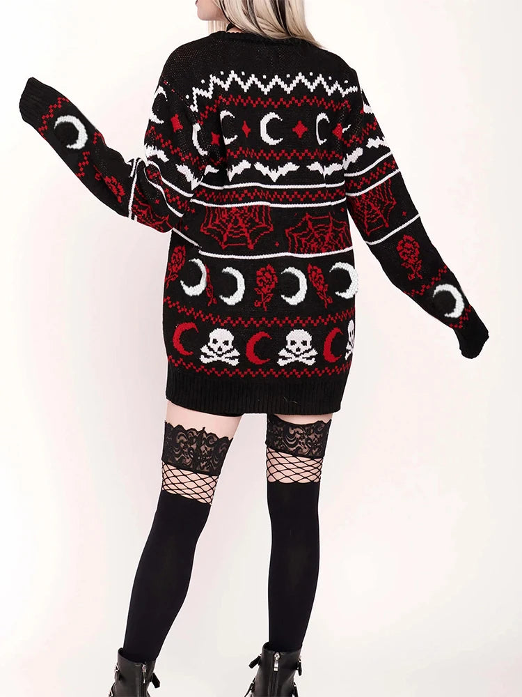 Yangelo Gothic Moon Skull Pattern Sweater – Women’s Knit Pullover for Autumn Winter Street Fashion - Premium pullover from Lizard Vigilante - Just $44.88! Shop now at Lizard Vigilante