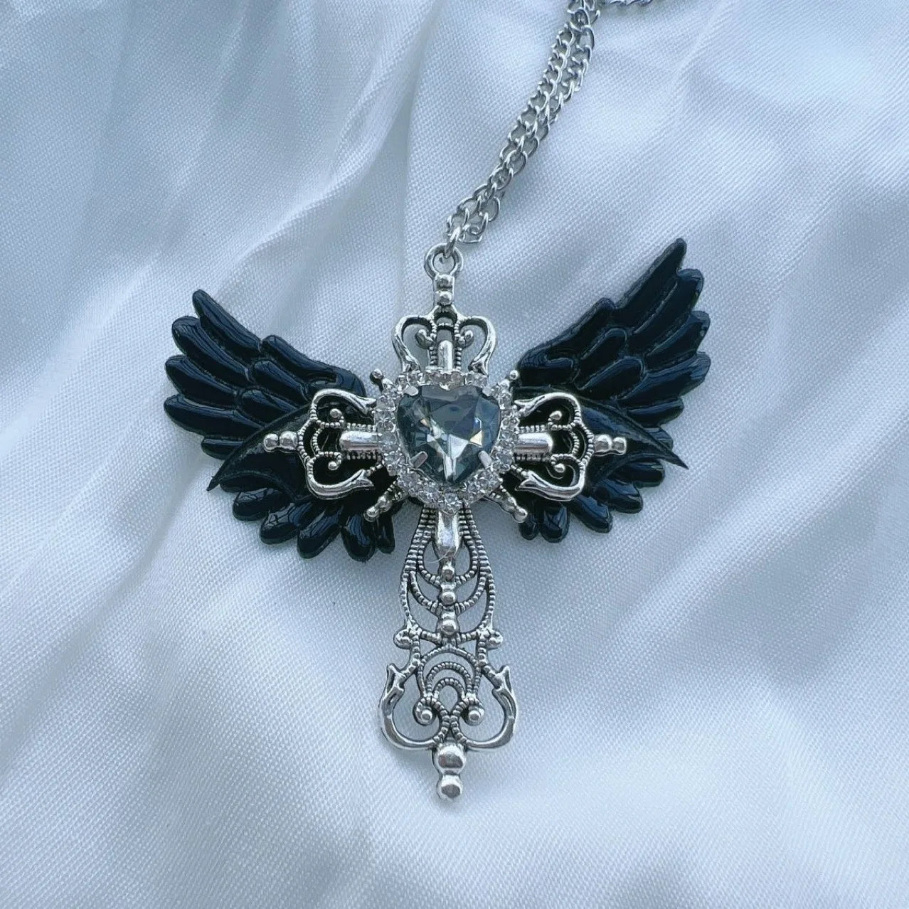 Gothic Wings & Cross Pendant Necklace – Y2K Punk Crystal Heart Choker for Women - Premium necklace from Lizard Vigilante - Just $22.88! Shop now at Lizard Vigilante