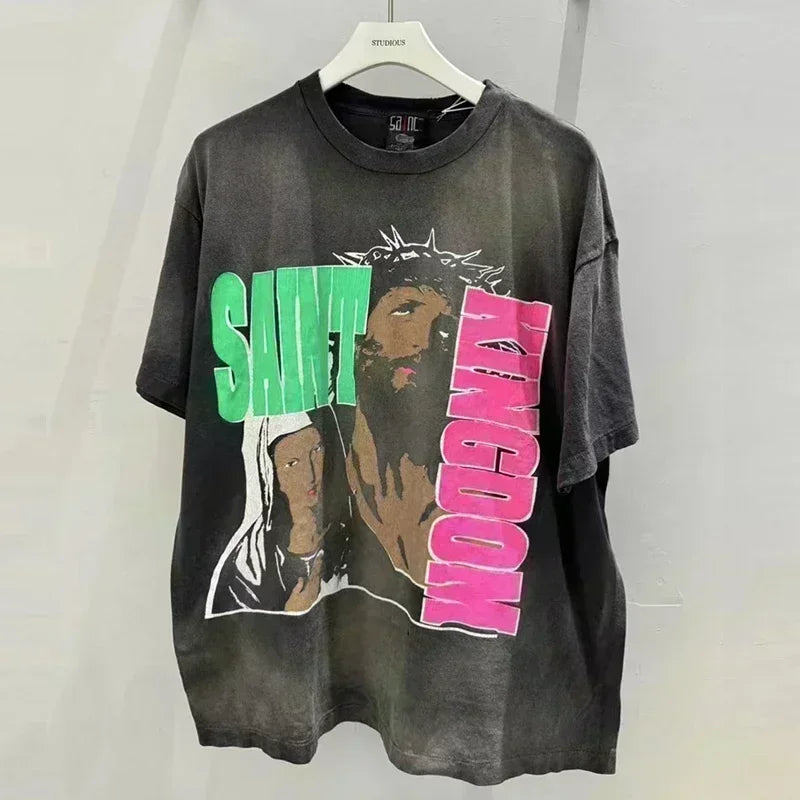 Men Women High Street Vintage Washed Black T-Shirt Top Quality Cototn TEE 3D Cracked Letters Logo Print Saint T Shirt With Tags - Premium  from Lizard Vigilante - Just $64.99! Shop now at Lizard Vigilante
