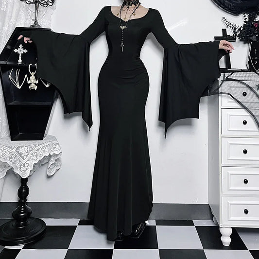 Gothic Vintage Halloween Dress for Women – Square Neck Patchwork with Spider Web Flare Sleeves - Premium Cosplay Costumes from Lizard Vigilante - Just $48.99! Shop now at Lizard Vigilante