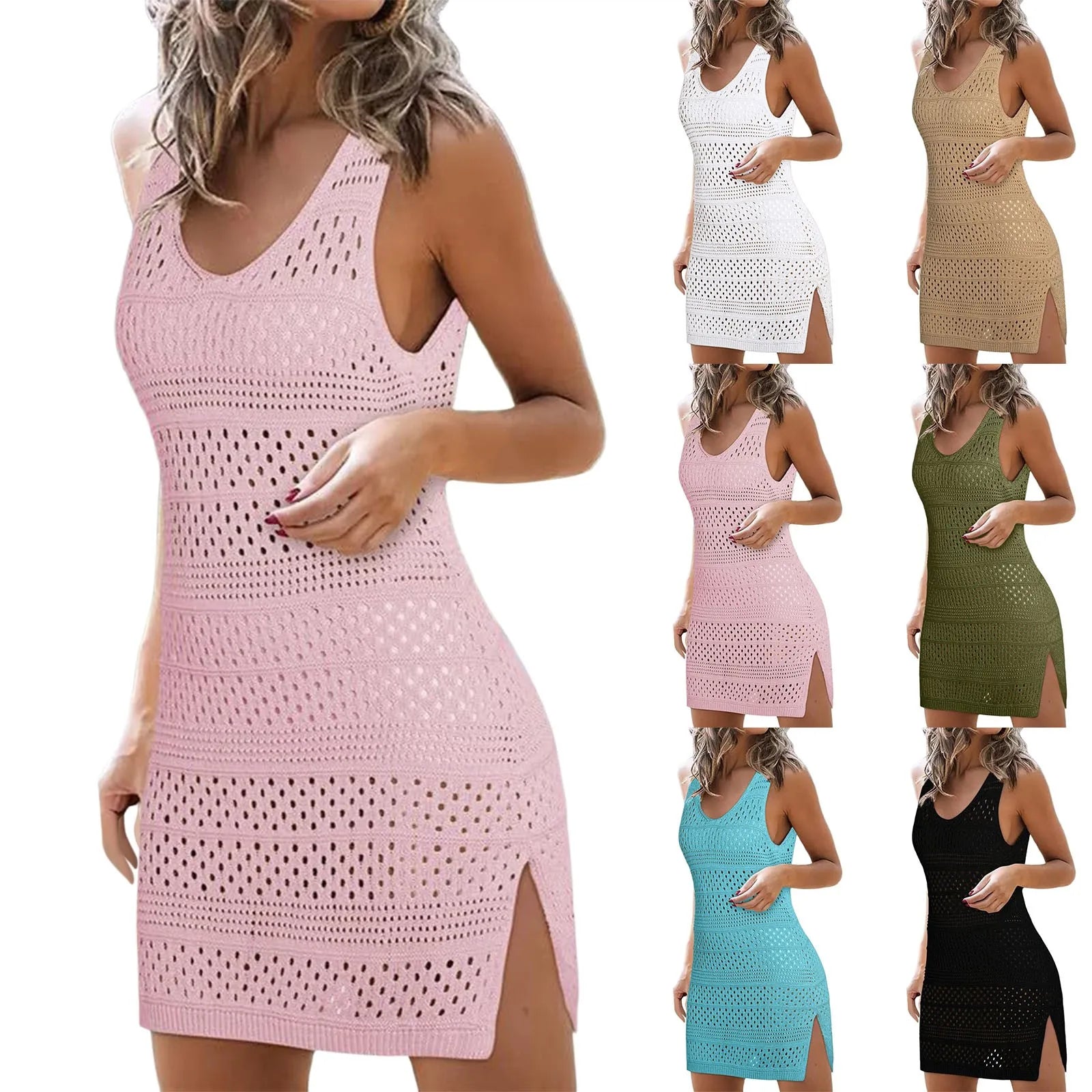 Summer Dresses For Women 2024 Solid Color Round Neck Sleeveless Fishnet Hollow Out Beach Sundresses For Female Vacation Dresses - Premium  from Lizard Vigilante - Just $31.99! Shop now at Lizard Vigilante