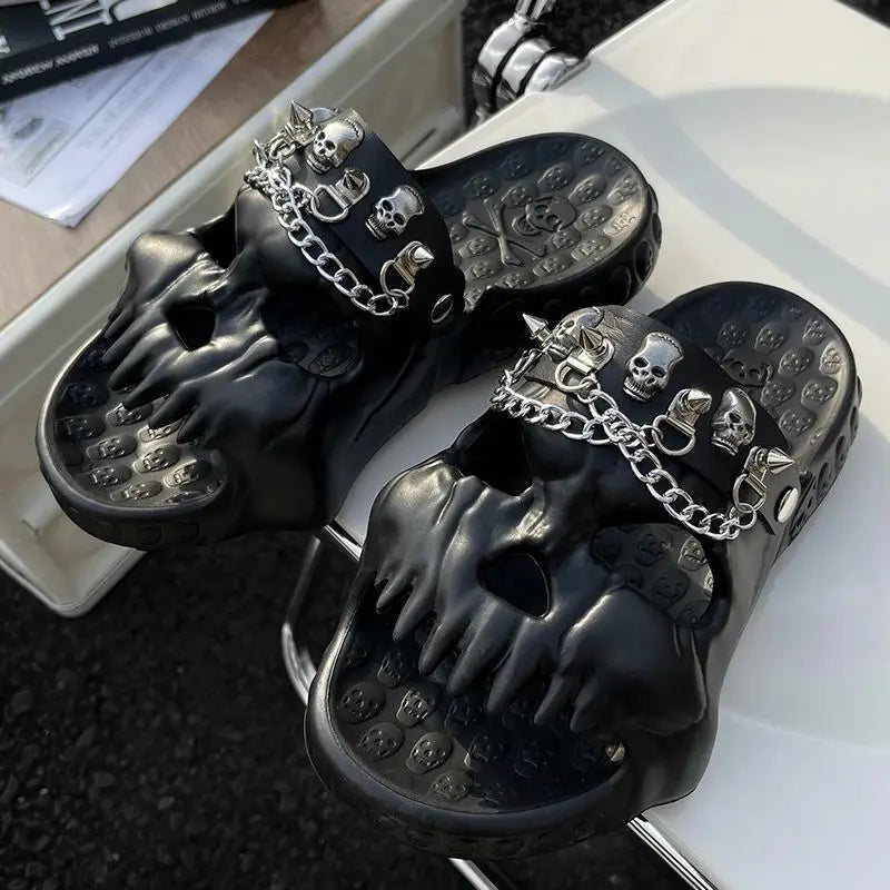 Studded Chain Decoration Skull Design Sandals Shoes Summer Outdoor Novelty Slides Thick Sole Male Sandals - Premium slippers from Lizard Vigilante - Just $39.99! Shop now at Lizard Vigilante