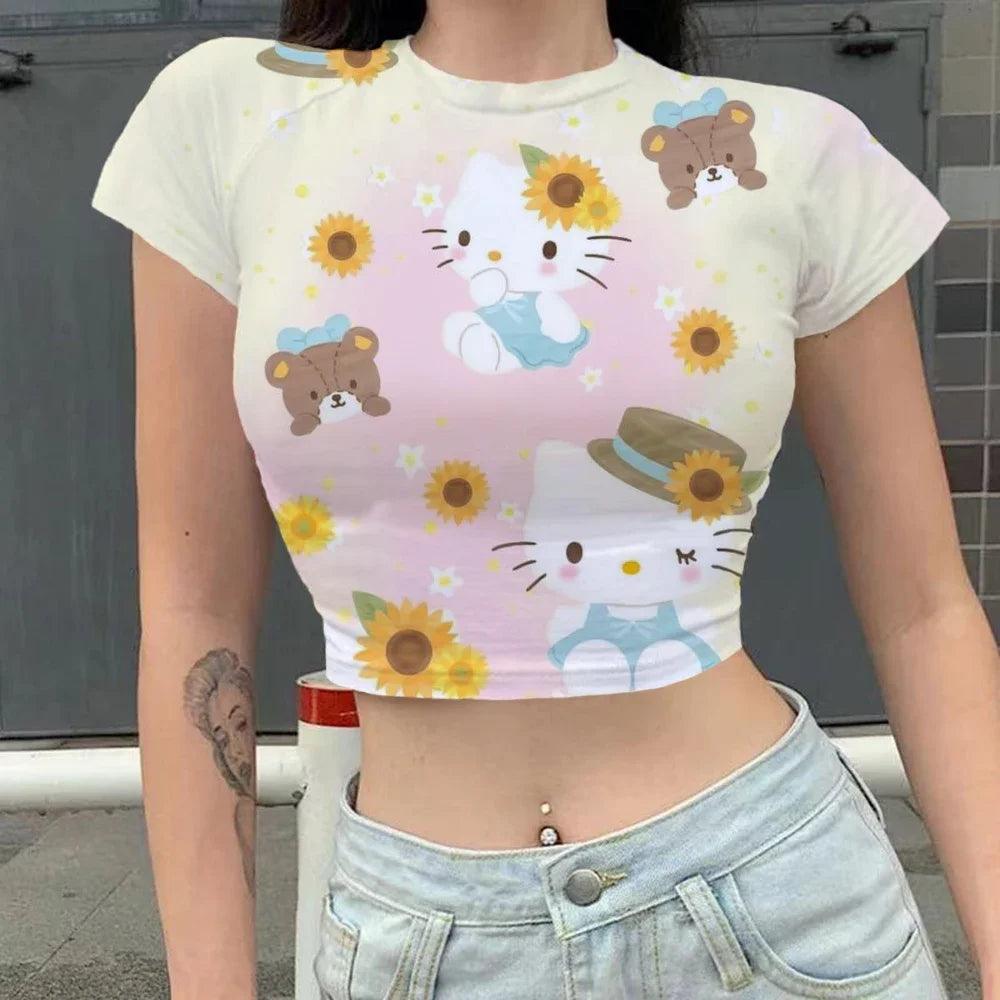 Kawaii Print Hello Kitty Y2K Crop Top | Slim Fit Women's Summer Party T-Shirt - Premium T-Shirts from Lizard Vigilante - Just $23.99! Shop now at Lizard Vigilante