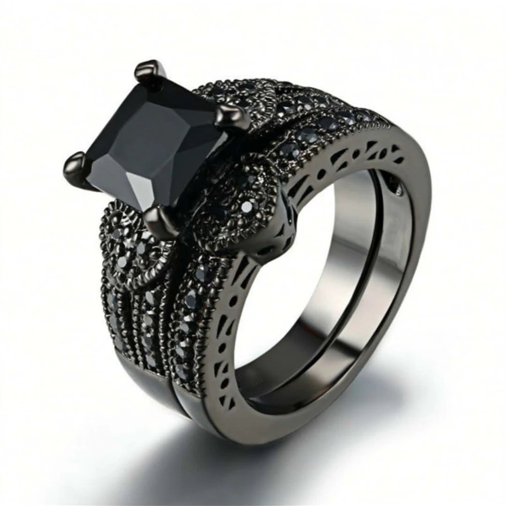 Lizard Vigilante Black Full Zircon Couple Ring Set – Men's Stainless Steel & Women's Heart-shaped Wedding Jewelry - Premium wedding rings from Lizard Vigilante - Just $28.88! Shop now at Lizard Vigilante