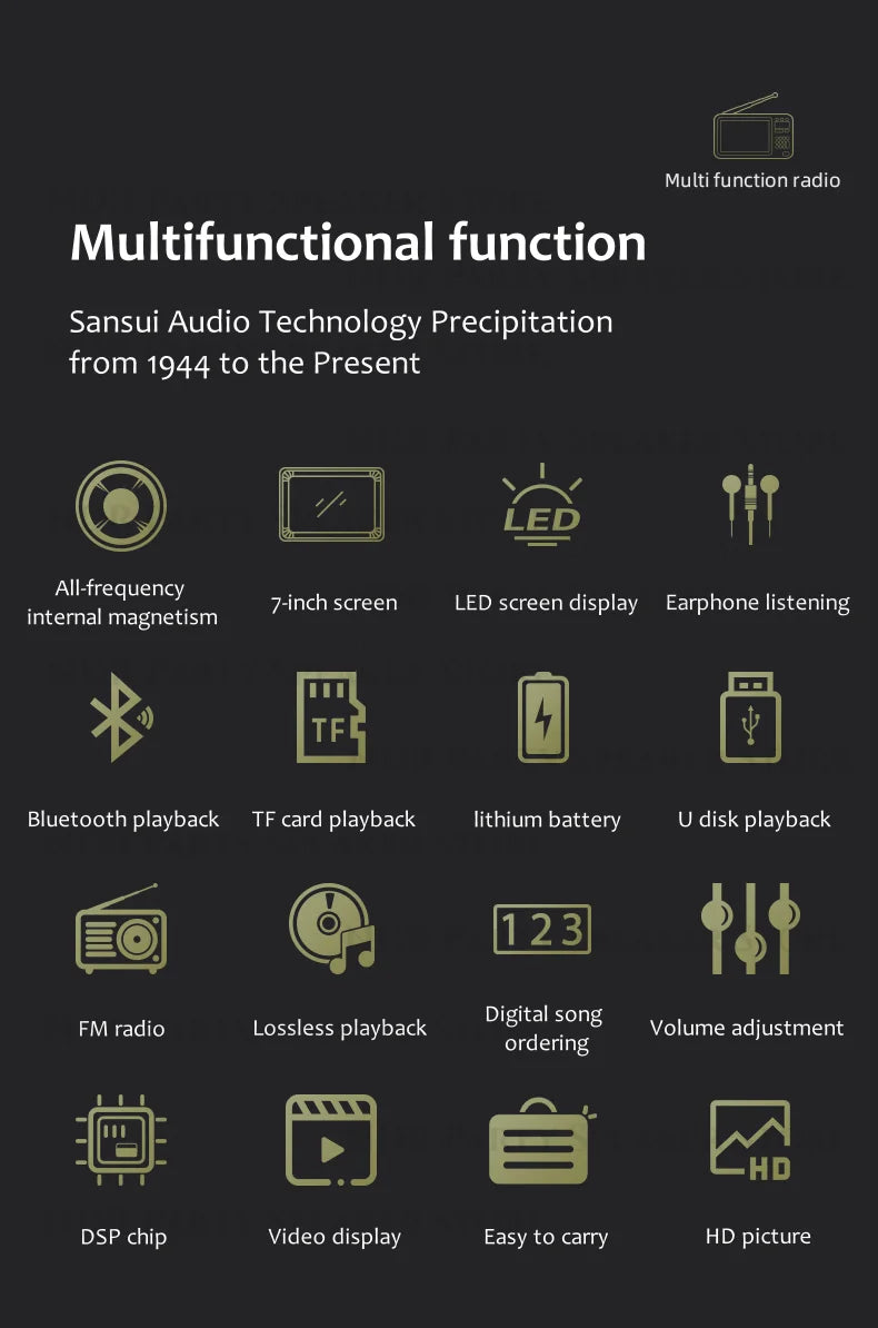 SANSUI Wireless Bluetooth Speakers Home Full-band Radio LED HD Video Player Portable MP4 Walkman Built-in Rechargeable Battery