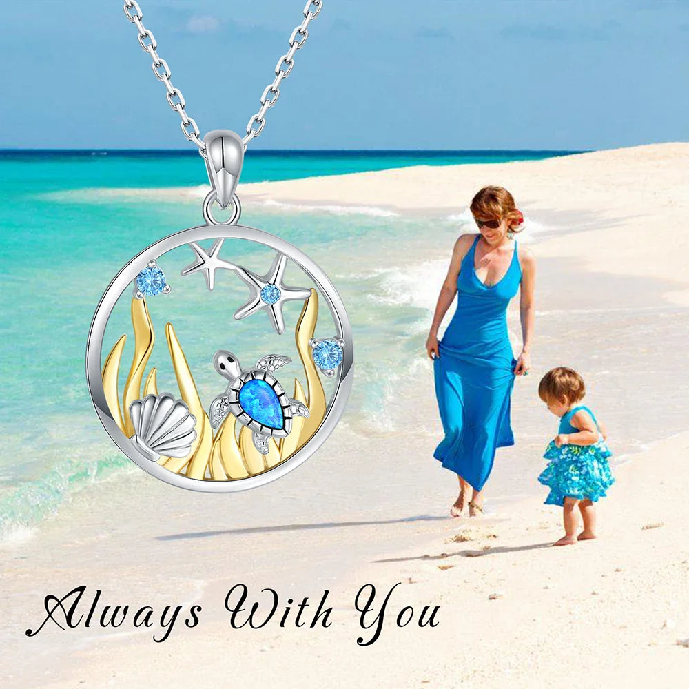 925 Sterling Silver Opal Sea Turtle Starfish Necklace Ocean Beach Necklace Mother Daughter Pendant Animal Jewelry Gift for Women