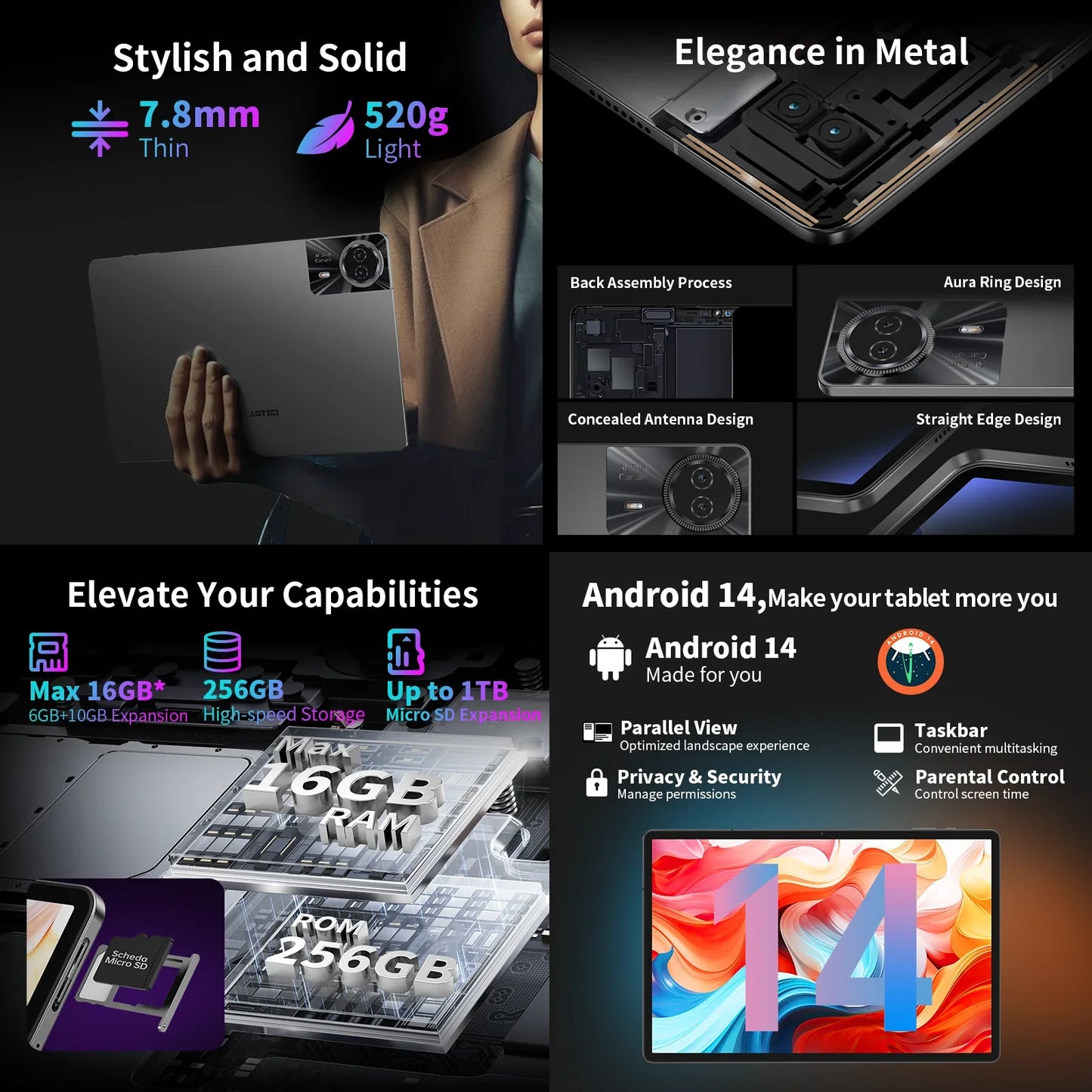 Teclast T50 Plus Tablet, 11 Inches, Unisoc T620, 8 Cores, (6Gb+10Gb)Max.16Gb Ram, 256Gb Rom, 4g Network, Dual Sim, Android 14, 8000Mah, 1920X1200 Ips, Wifi