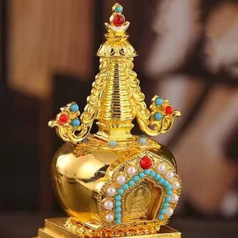 Buddha Statue Pagoda,Engraving Inlaid Gem Tibetan Alloy Double-Layer Tower,Altars Stupa,Buddhist Item Religious Decorative