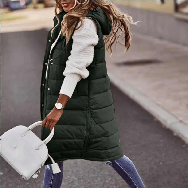 Women's Long Hooded Cotton Down Vest | Quilted Sleeveless Jacket | Warm Autumn/Winter Outwear (5XL) - Premium vest from Lizard Vigilante - Just $41.99! Shop now at Lizard Vigilante