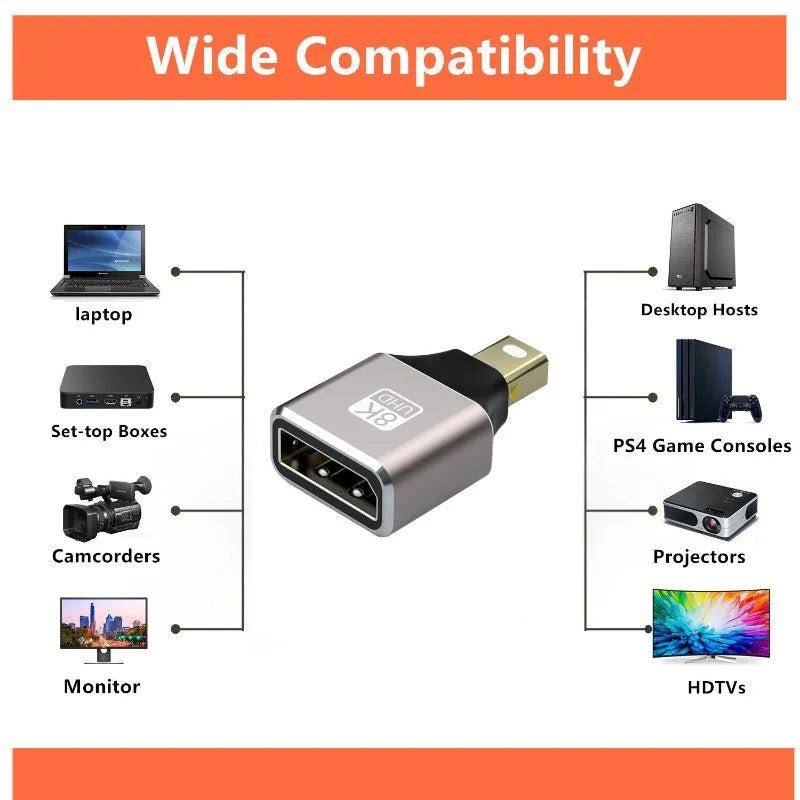 Mini DisplayPort to DisplayPort Adapter 8K60Hz DP2.1 Female to MiniDP Male Bi-Directional Connector for Laptop PC Gaming Monitor
