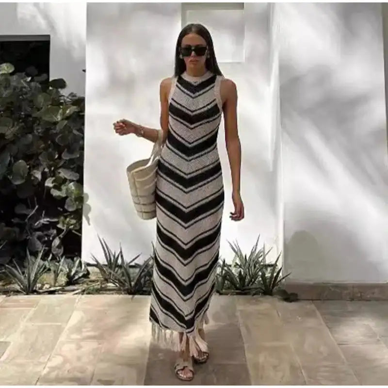 Striped Knitted Long Dress Women O-neck Backless Hollowed Out Long Sleeves Lady Bodycon Dress 2024 Spring Summer Vacation Robe