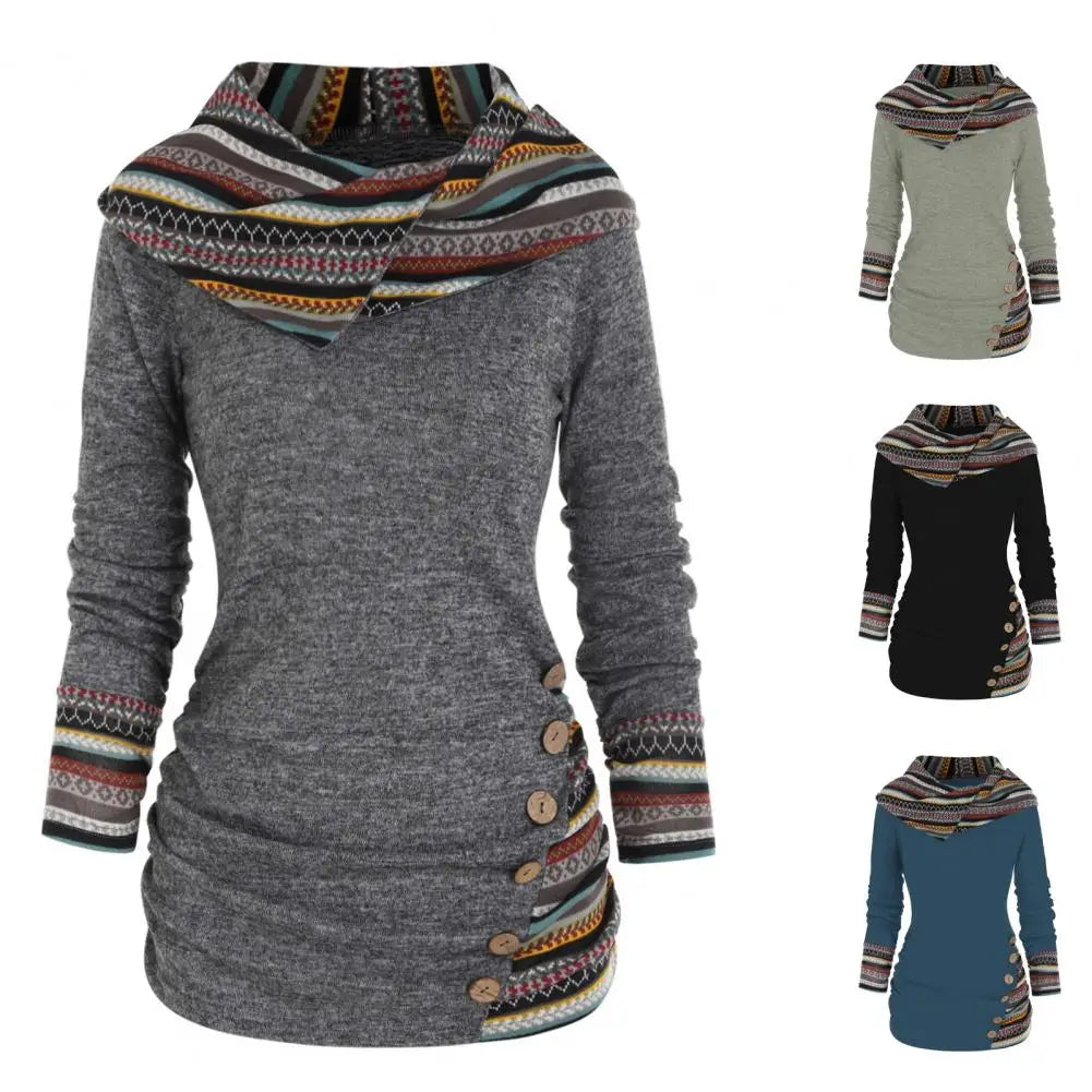 Women Sweatshirt Ethnic Style Geometric Stripe Splicing Print Hoodie Autumn Winter Hooded Long Sleeve Mid-length Sweatshirt - Premium hoodie from Lizard Vigilante - Just $39.99! Shop now at Lizard Vigilante