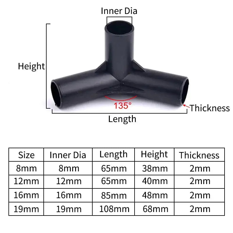 I.D 8/12/16/19mm Black Plastic Pipe Connector DIY Shelf Water Tube Joint Tent Fixed Connector Tee Four Way Elbow Straight Joint