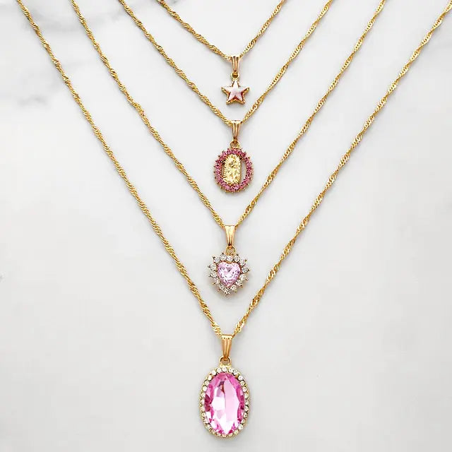 Multi-layer Pink Heart Crystal Pendant Necklaces