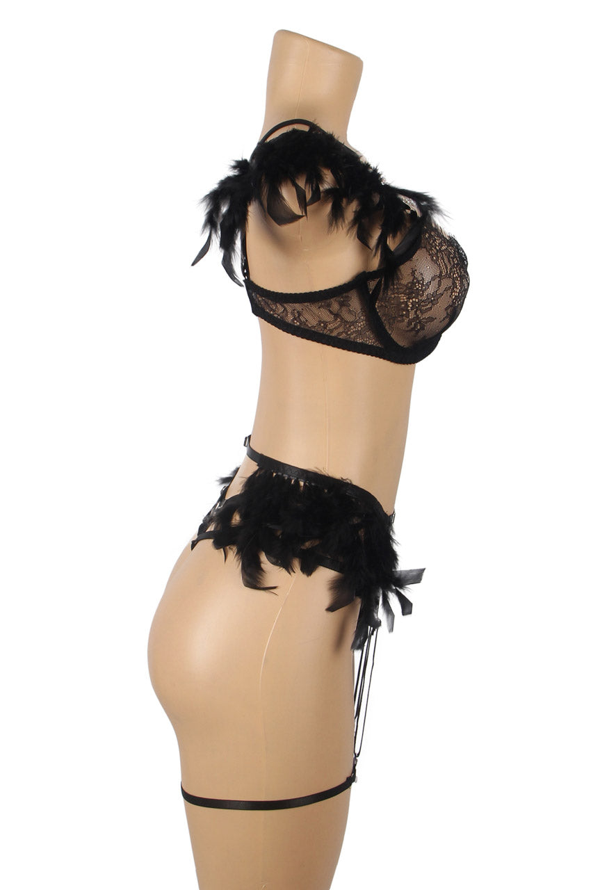 Feather Lace Chain Lingerie Bra Set
