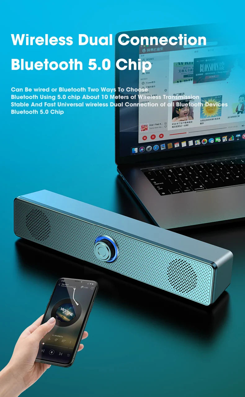 Salange Bluetooth Speaker USB Wired 3.5mm Port Sound Bar for PC Game Console Smartphone Laptop Tablet Black Desk Set Long