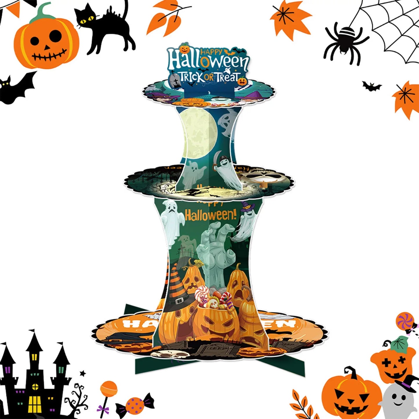 3-Tier Halloween Paper Dessert Stand - DIY Spooky Party Candy Display with Ghost/Pumpkin/Bat Printed Buffet Table Decor