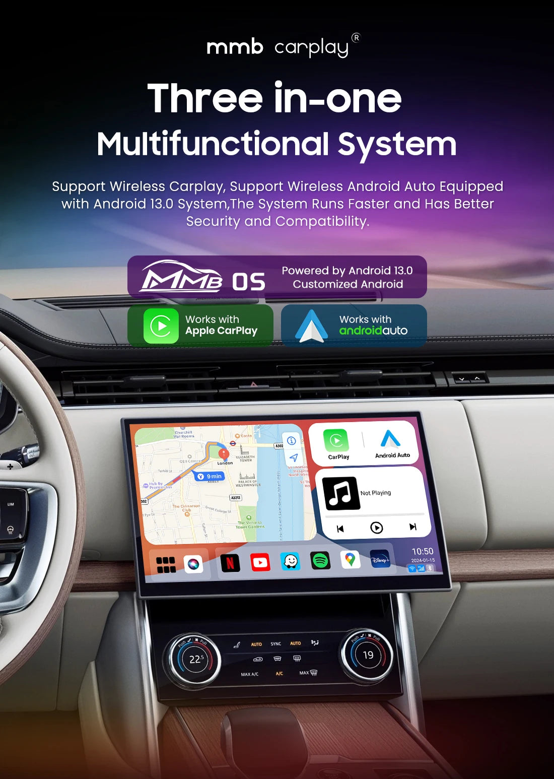 MMB MAX 5.0 “Road Riot AI Box” — Android 13, 8-Core QCM6225, Wireless CarPlay & Android Auto, Split-Screen GPS, 8GB+128GB, Netflix/YouTube