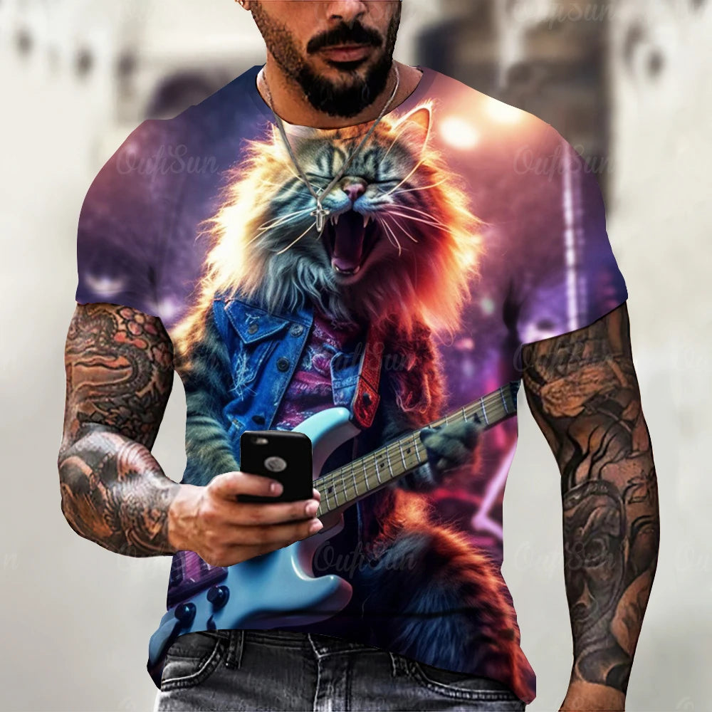 Funny T Shirt For Men Summer Short Sleeve Animal T-Shirts Rock Metal Cat 3d Print Fashion Casual Street Oversized Men's Clothing - Premium T-Shirt from Lizard Vigilante - Just $22.99! Shop now at Lizard Vigilante