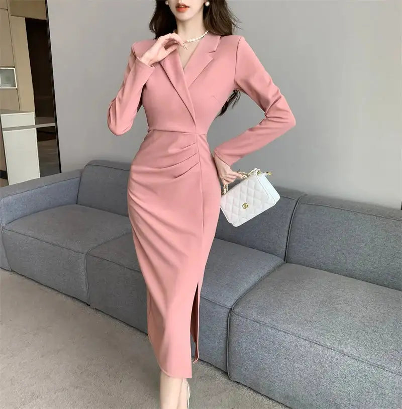 Women Pink Pleated Bodycon Formal Long Dress Autumn Winter Long Sleeve Chic Suit Dress 2025 Korean Fashion Elegant Party Dresses
