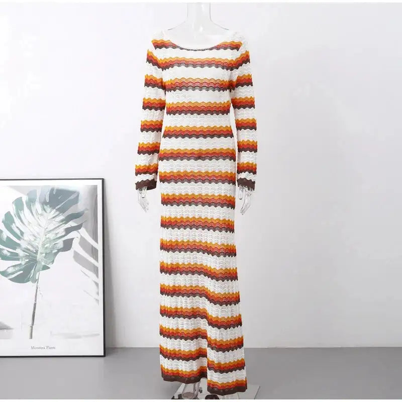Striped Knitted Long Dress Women O-neck Backless Hollowed Out Long Sleeves Lady Bodycon Dress 2024 Spring Summer Vacation Robe