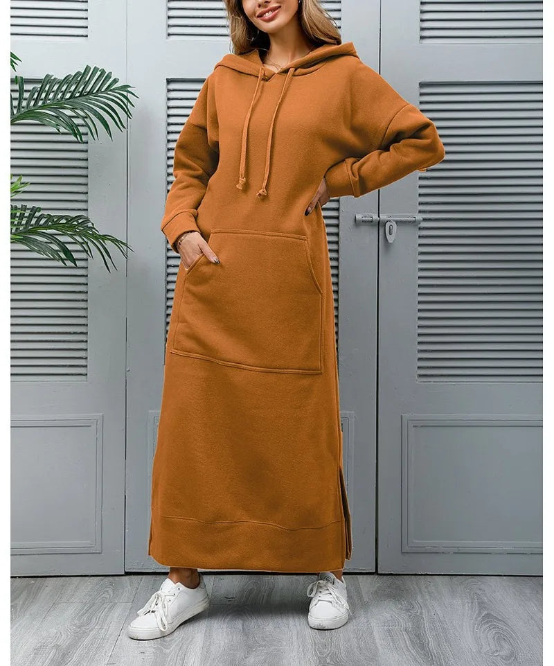Women’s Hoodie Dress Winter Warm Lace-Up Hem Long Sweatshirt Casual Loose Midi Robe