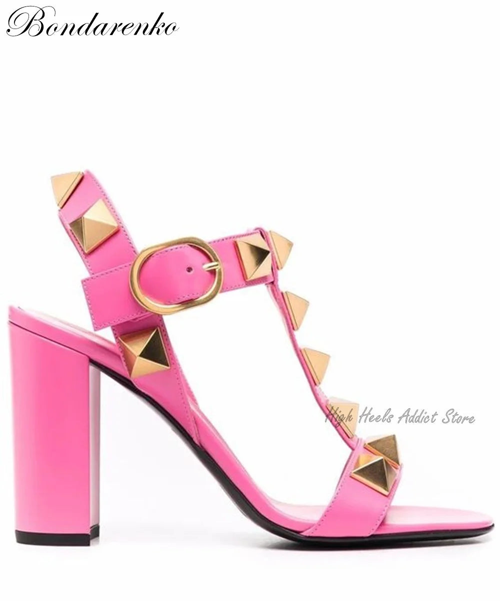 Rockstud Riot Block Heel Sandals 2025 – Pink, Black & White Roman Rebel Edition