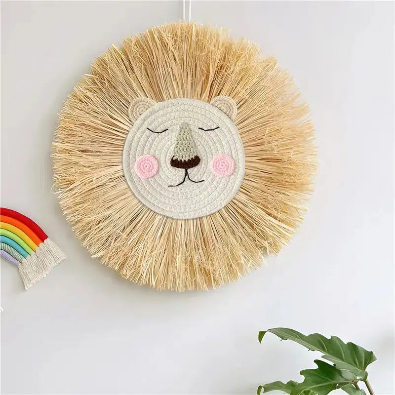 Nordic Hand Woven Lion Wall Hanging Ornaments Cartoon Animal Head Straw Weaving Children Room Wall Decor Tent Party Decoration