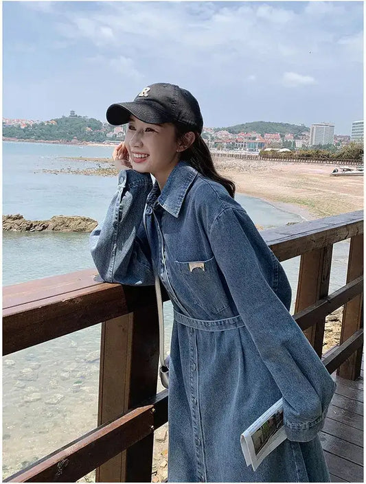 Denim Long Dress 2024 New Fashion Spring Autumn Korean Sweet Cargo LOOSE FIT Full Sleeve Girls Dress All-match