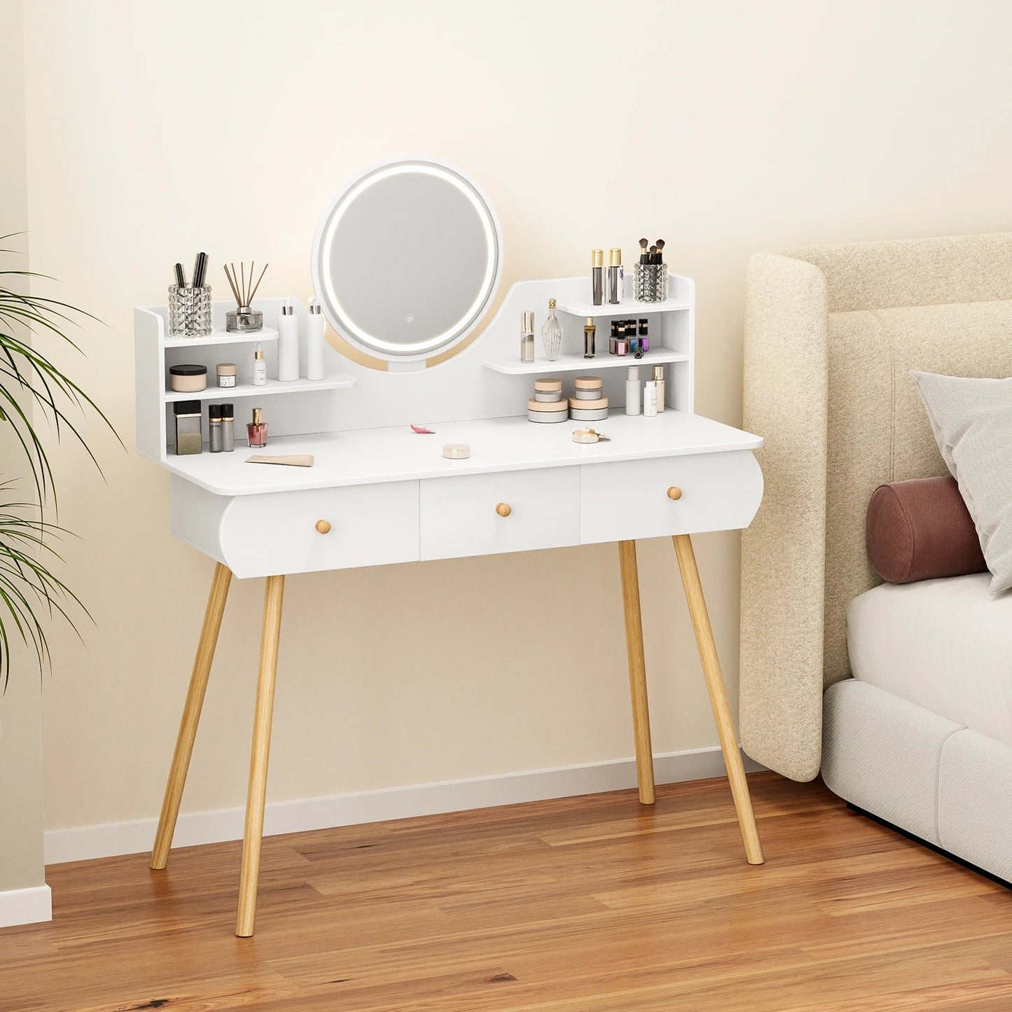 Makeup Vanity Desk with LED Lighted Mirror, Vanity Table with 4 Drawers and Opening Shelves, Bedroom Dressing Table - Premium  from Lizard Vigilante - Just $140.99! Shop now at Lizard Vigilante