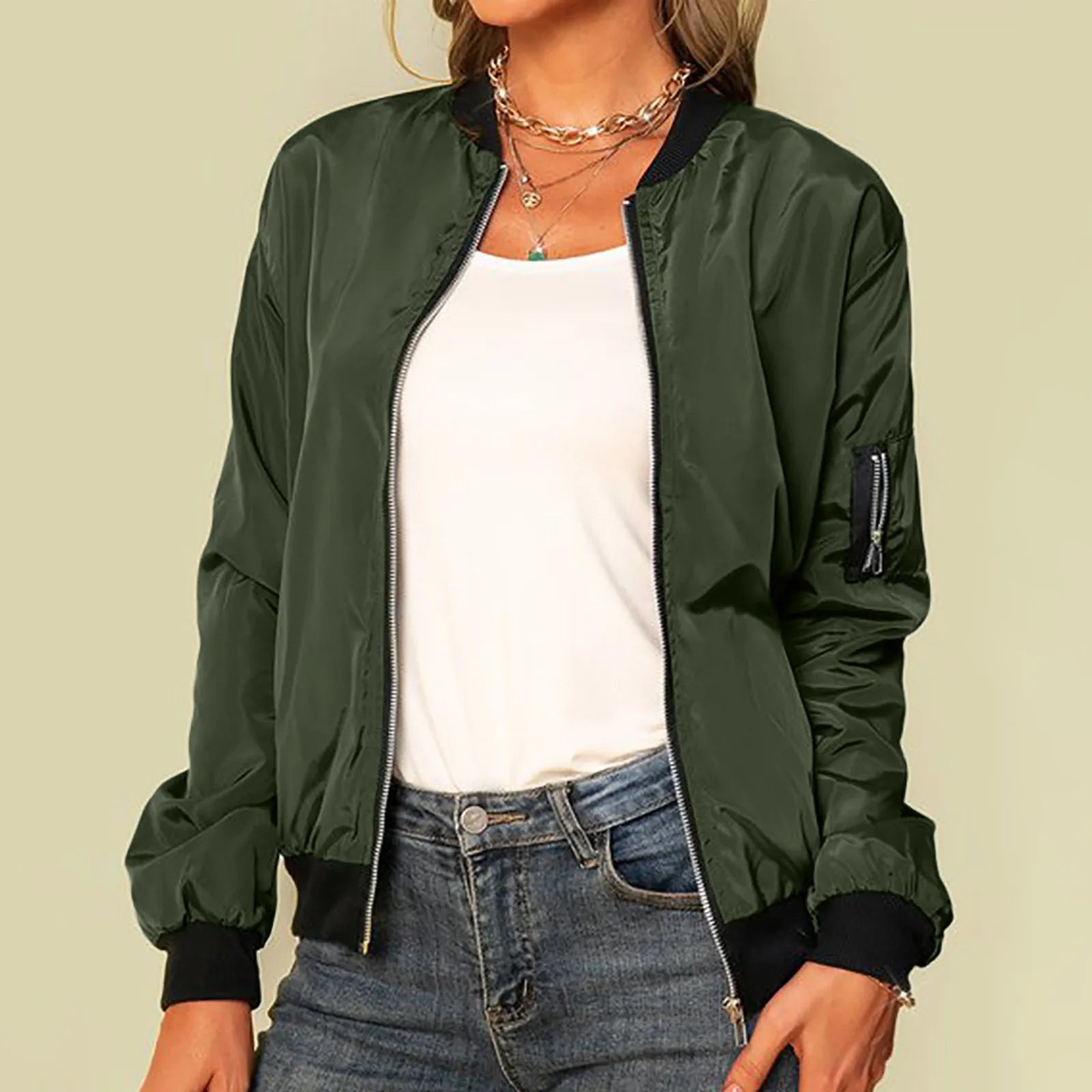 Women's Solid Color Bomber Jacket - Casual Long Sleeve Coat - Premium jackets from Lizard Vigilante - Just $29.99! Shop now at Lizard Vigilante