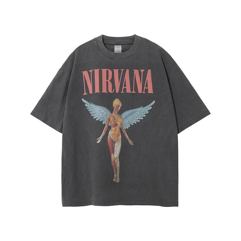 Nirvana T Shirt Streetwear Wash Water Distressed Rock Printing Retro Short Sleeves High Street Trendy Brand Breathable - Lizard Vigilante