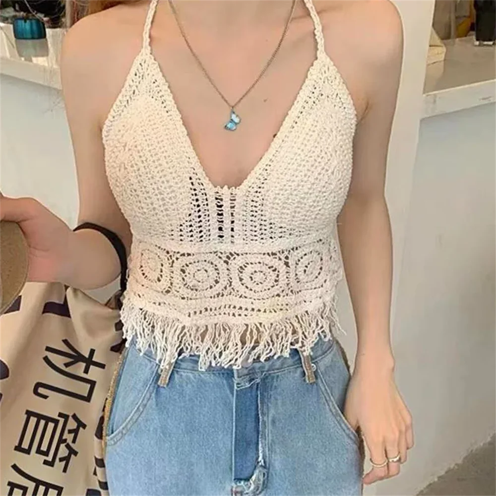 2024 Crop Tops Retro Wild Hollow Perspective Tassel Sexy Spaghetti Strap Tanke Top Women Built In Bra New Back Lace Halter Neck - Premium crop top from Lizard Vigilante - Just $6.99! Shop now at Lizard Vigilante