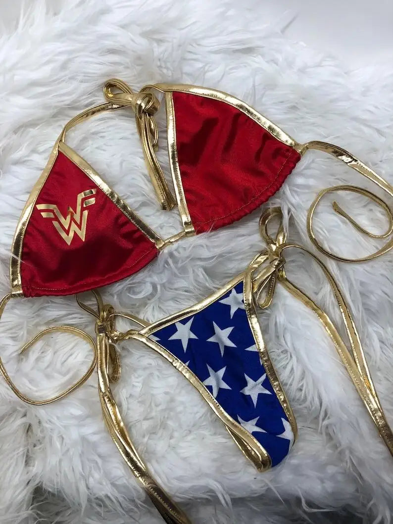 Wonder Woman Costume Women Halloween Party Movie Halter Neck Lace Up Bikinis Set Superhero Swimsuit Fantasia Cosplay Fancy Suits - Premium  from Lizard Vigilante - Just $29.99! Shop now at Lizard Vigilante