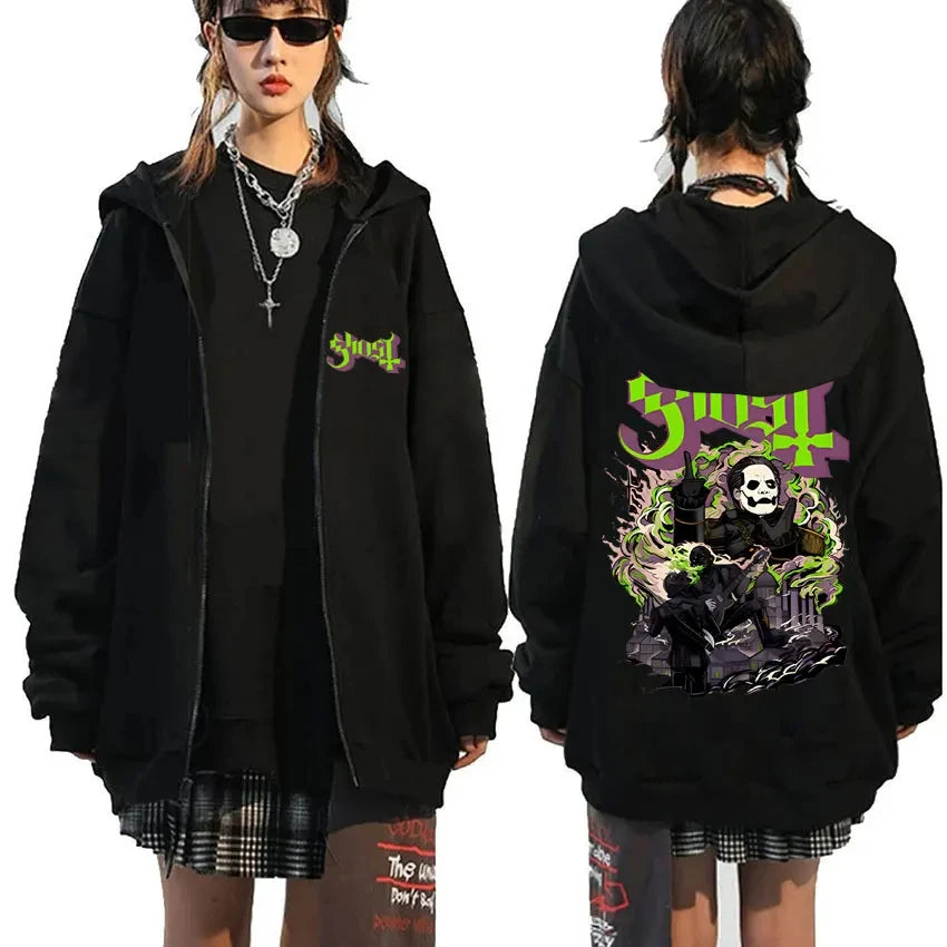 Ghost Band Oversized Zipper Hoodie – Men’s Gothic Rock Anime Graphic Sweatshirt - Premium zipper hoodie from Lizard Vigilante - Just $42.88! Shop now at Lizard Vigilante