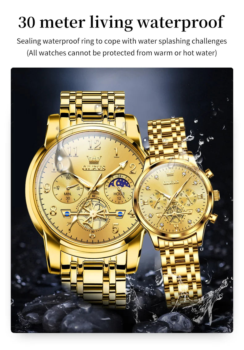 OLEVS New Flywheel Design Luxury Couple Watch Waterproof Moon Phase Chronograph Brand Original Quartz Wrist Watch for Men Women - Premium  from Lizard Vigilante - Just $50.99! Shop now at Lizard Vigilante