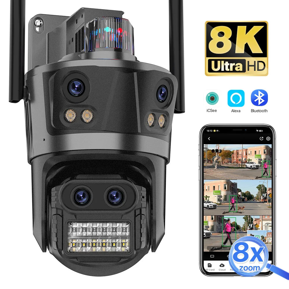 WIFI 8K 8X Zoom IP Camera Four Lens Four Screen Human Detecton Camera 4K 8MP IP HD Dual Srceen Security Waterproof Camera iCsee