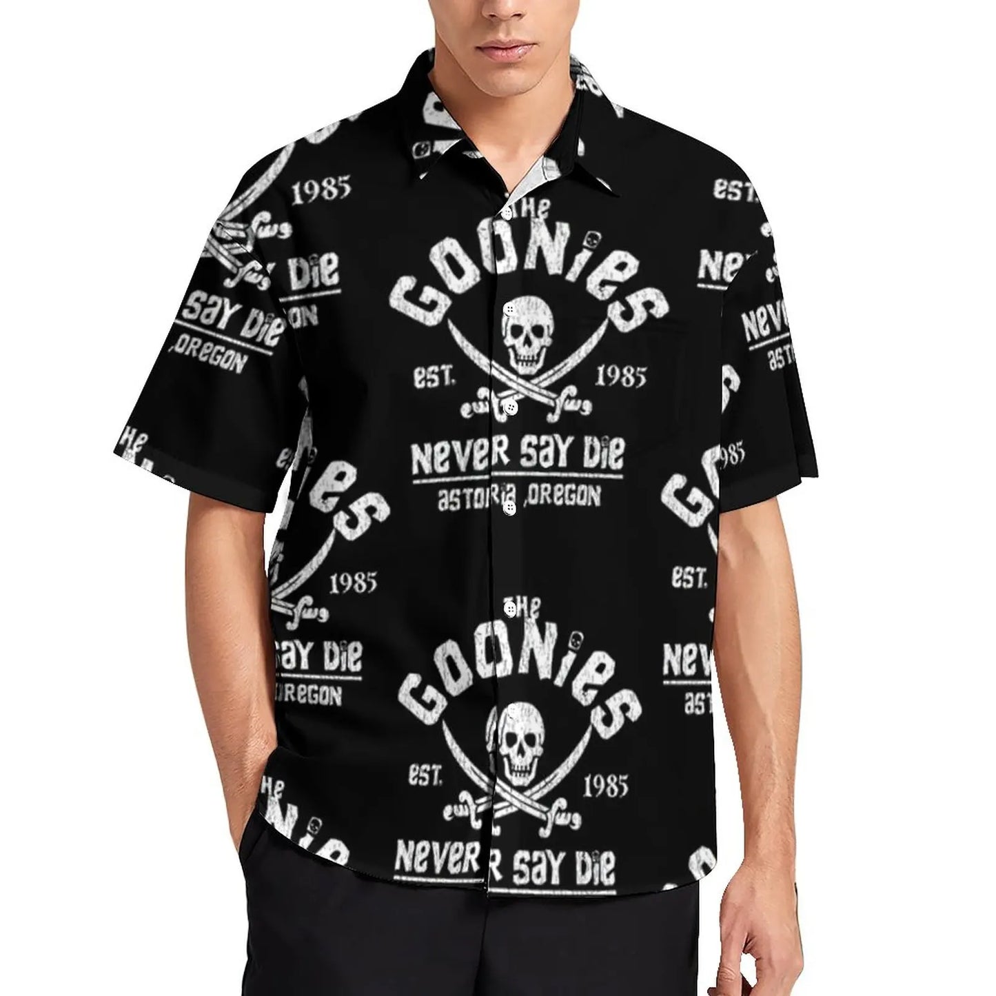 Retro Goonies Print Hawaiian Beach Shirt – 80s Classic Movie-Inspired Casual Button-Up for Men, Plus Size - Premium beach shirt from Lizard Vigilante - Just $26.88! Shop now at Lizard Vigilante