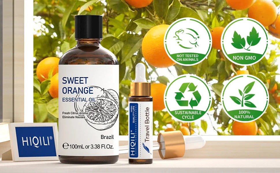 HIQILI 100ML Sweet Orange Essential Oils,100% Pure Nature for Aromatherapy, Diffuser, Humidifier, Massage, Fresh air, Candle