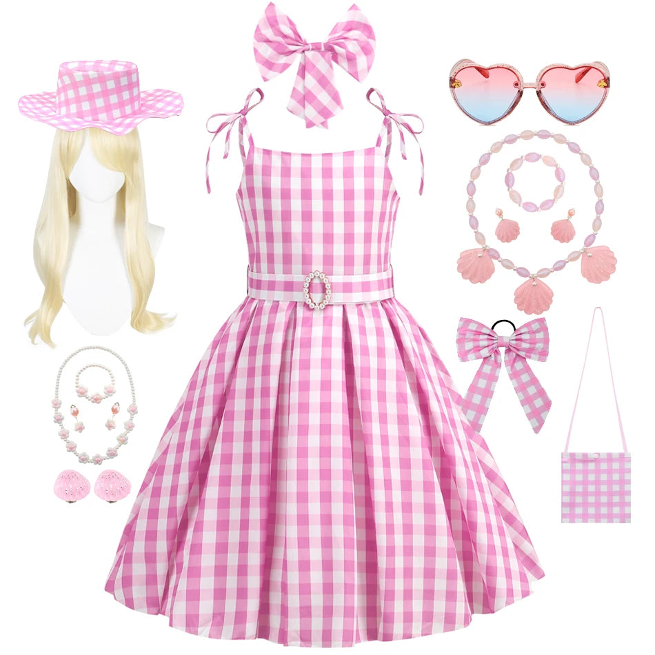 Barbie Movie Costume Girls Princess Cosplay Clothes Children Pink Plaid Dress Halloween Carnival Kids Party Wear 2-10 Years - Premium Cosplay Costumes from Lizard Vigilante - Just $18.99! Shop now at Lizard Vigilante