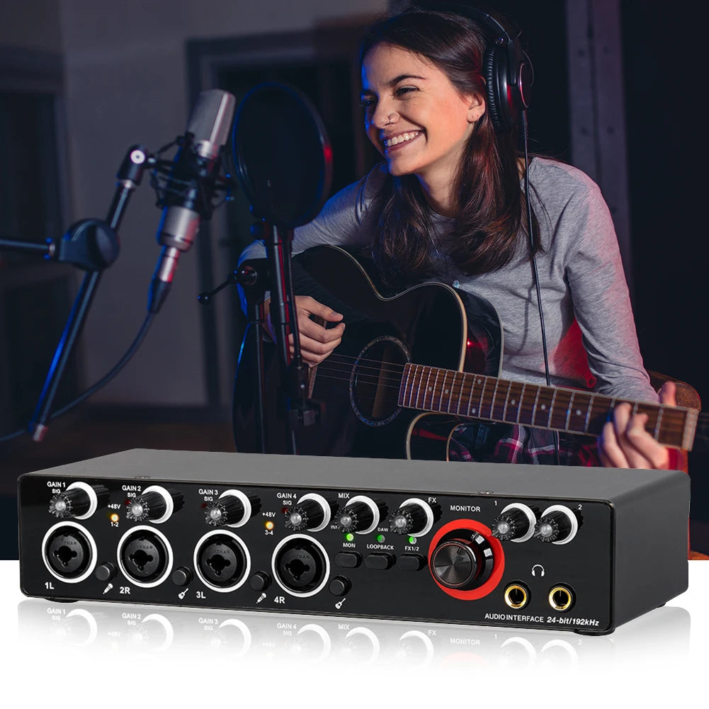 Professional 24Bit 192KHz Audio Interface Sound Card 4 Channel Sound Card for Guitar Loopback USB External Studio PC Recording - Premium  from Lizard Vigilante - Just $75.99! Shop now at Lizard Vigilante