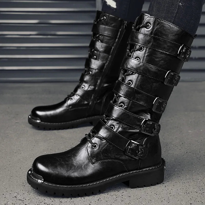 DEADFUEL BLACKOUT: Men’s Mid-Calf Leather Motorcycle Boots with Zip Buckle – Streetwear Punk Cowboy Tool Boots for Winter Chaos - Premium boots from dsers - Just $135.99! Shop now at Lizard Vigilante